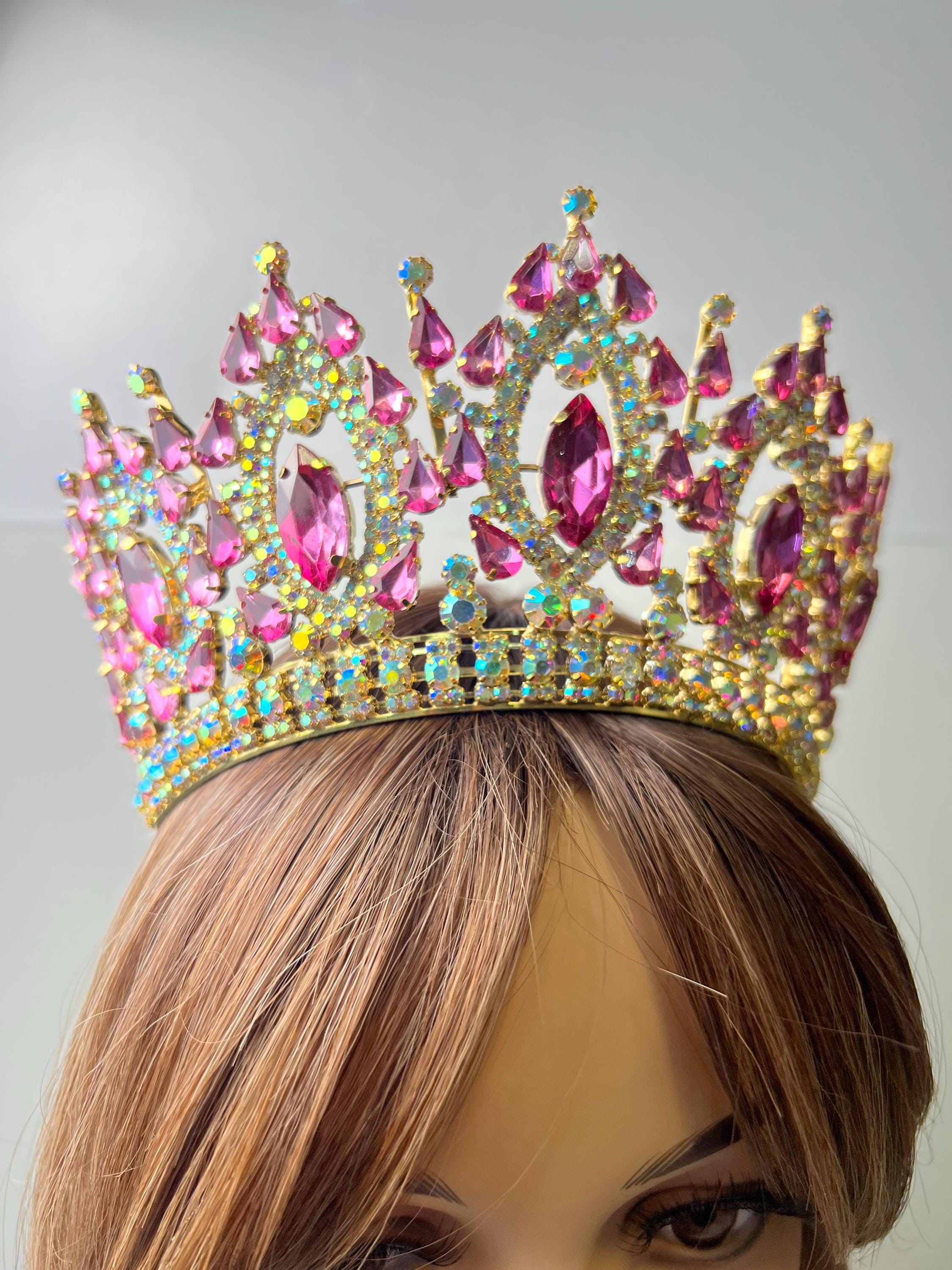 Gold Tiara with Pink Gem Accents FAST SHIPPING!!! Beautiful Gold Crown With Hot Pink Stones  main image 2