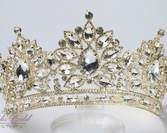 FAST Shipping! Beautiful Gold Tiara, Wedding Crown, Crystal Crown, Sweet 16, Quinceañera, Gold Tiara, Gold Crown, Beauty Pageant, Tall Tiara