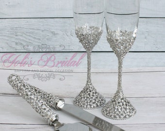 Swarovski Crystal Wedding toast Set, Champagne Glasses, Weeding Toasting flutes, Cake server Set, Cake Knife and Server Set