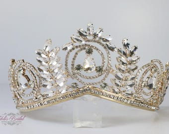 FAST SHIPPING!! Gold Tiara with Clear Stones, Gorgeous Gold Tiara, Gold Tiara, Tall Gold Crown