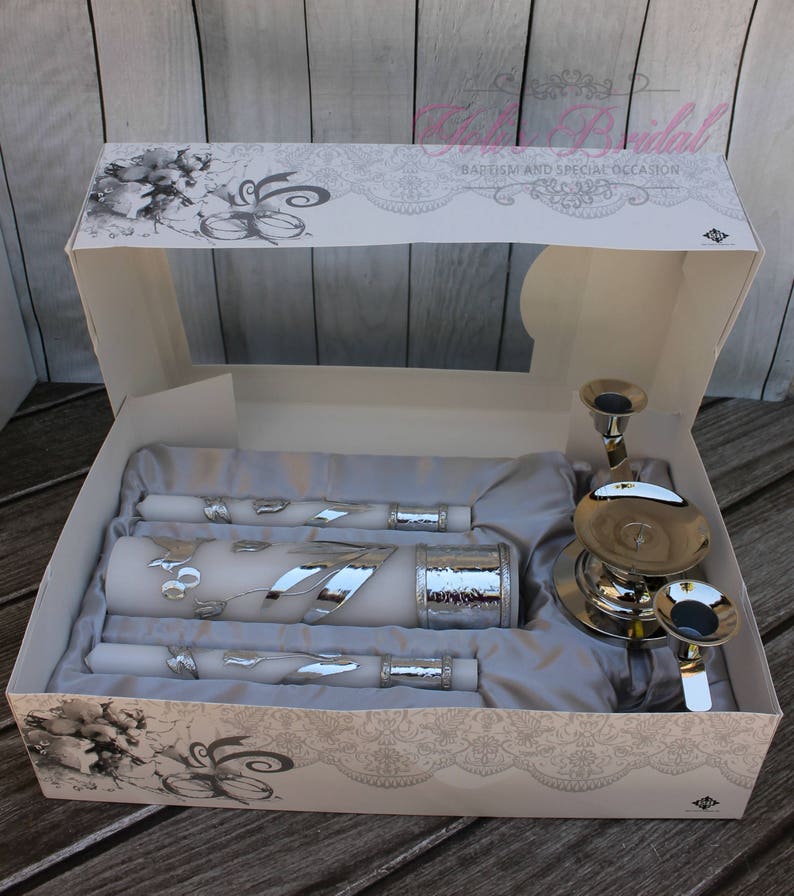 FAST SHIPPING Beautiful Silver Unity Candle Set with Silver Base Included in a Gorgeous Deluxe Box. Introductory Price until July 15th. image 3