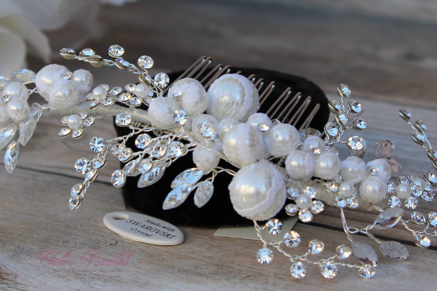 Bridal Hair comb with crystals and pearls bridal pearl headpiece - Freshwater pearl and opal hair comb  main image 4
