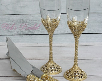 Swarovski Crystal Wedding toast Set, Champagne Glasses, Wedding Toasting flutes, Cake server Set, Cake Knife and Server Set