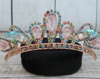 FAST SHIPPING!!! Beautiful Rose Gold Girl Colorful Tiara, Gorgeous Crystal Girl Crown, Stunning Sparkle Girl Tiara, Communion Princess Girl