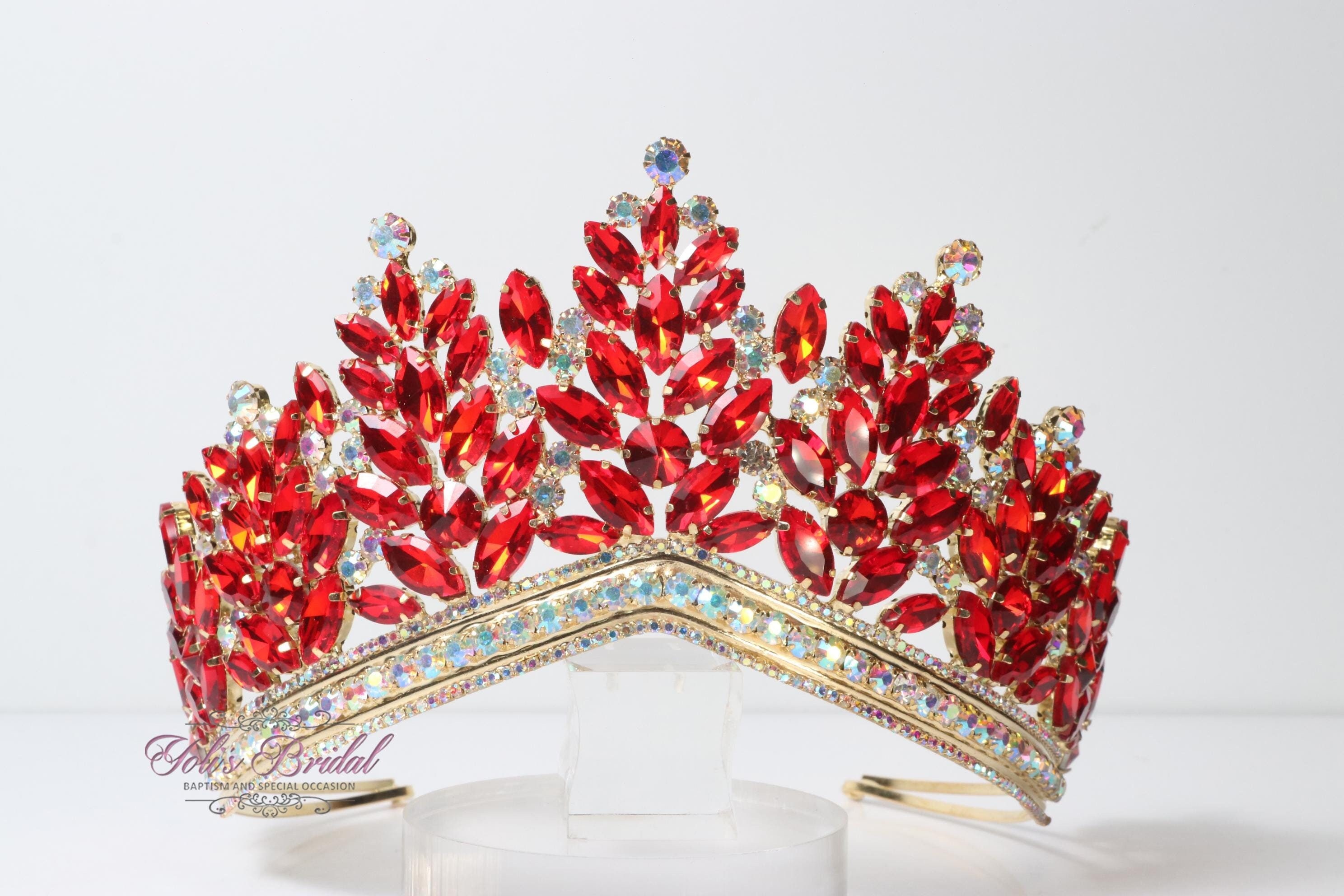 Gold Crown Crystal Tiara, Princess Crown, Gold Wedding Tiara, Wedding Ruby Crown Bridal Red Tiara, Luxury Bridal Gold Crown, Prom, Crystal  main image 2