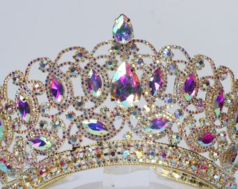 ¡¡Envío rápido!! 4" Alto, Hermosa Tiara de Oro con Piedras AB, Corona de Boda, Corona de Cristal, Dulce 16, Quinceañera, Tiara AB de Oro, Corona de Oro