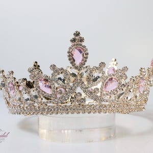 FAST SHIPPING!!! Beautiful Sparkling Gold Full Round Crown with Pink Stones, Wedding Crown, Crystal Crown, Sweet 16 Quinceañera, Little Girl