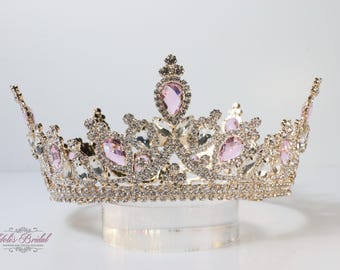 Pink Crystal Wedding Tiara: Gold Goddess Crown, Bridesmaid  display picture 1