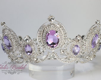 SNABB FRAKT!!! Vacker silverkrona med lavendelstenar, bröllopskrona, kristallkrona, 16-årsjubileums quinceañera, silver- och lila tiara