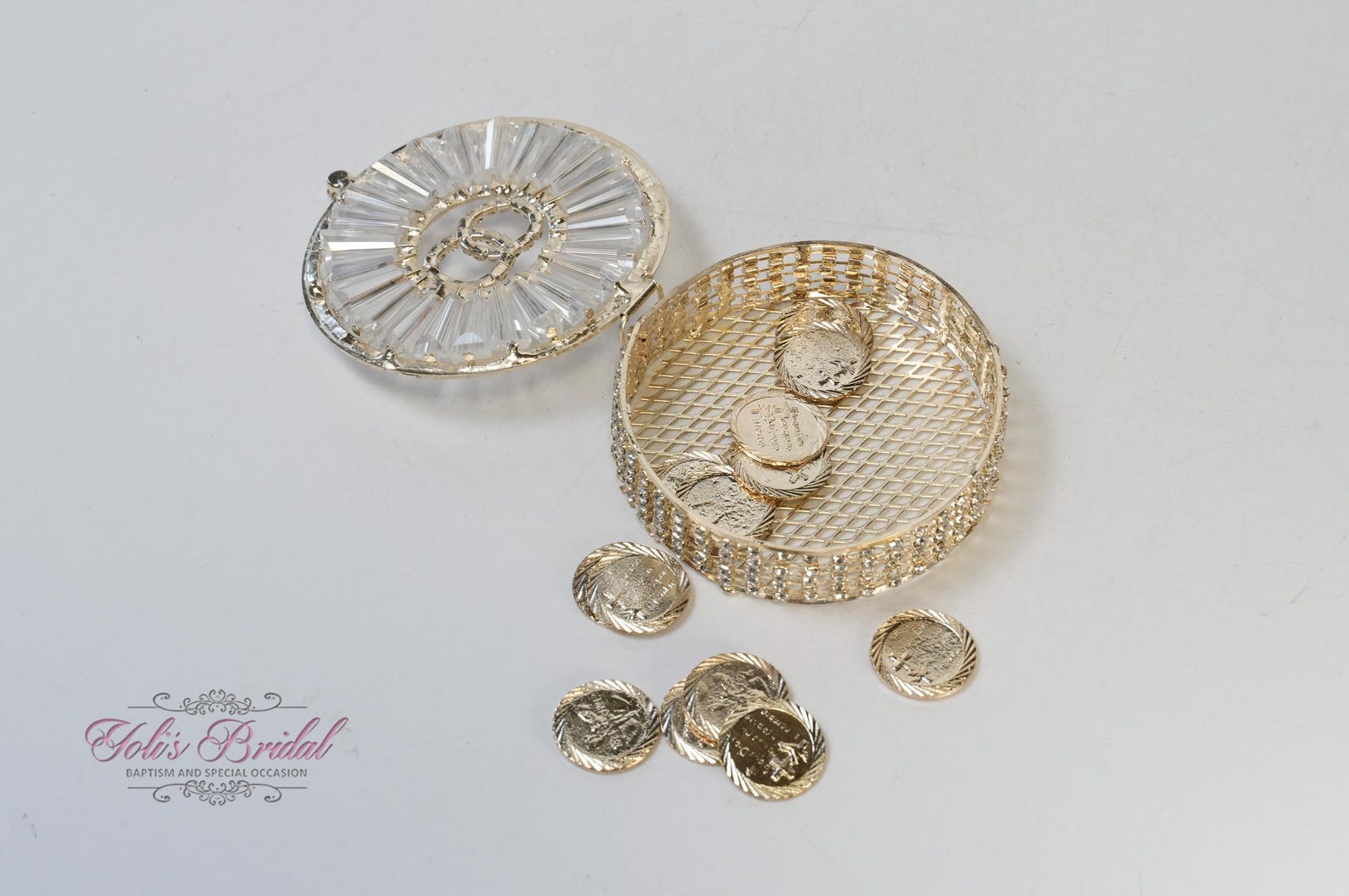 Beautiful Sparkling Gold Bridal Arras Set, Gorgeous Crystal Gold Wedding Box, Stunning Sparkle Bride Unity Coins - Non Catholic Coins