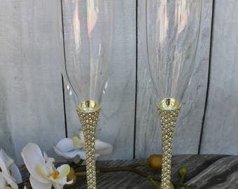 FAST SHIPPING!! Gold Swarovski Crystal Wedding toast Set, Champagne Glasses, Weeding Toasting flutes