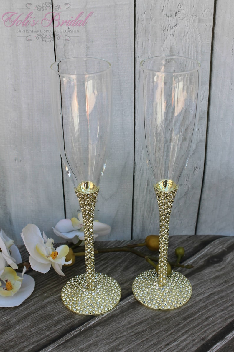 FAST SHIPPING Gold Swarovski Crystal Wedding toast Set, Champagne Glasses, Weeding Toasting flutes image 1