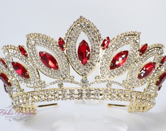 SNELLE VERZENDING!! Goud met rode stenen kroon, prachtige gouden tiara, prachtige sprankelende gouden tiara, rode tiara, robijnrode tiara, rubi kroon, quinceañera