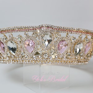 FAST SHIPPING!!! Beautiful Sparkling Gold with Pink Bridal Full Round Crown, Wedding Crown, Crystal Crown, Sweet 16 Quinceañera