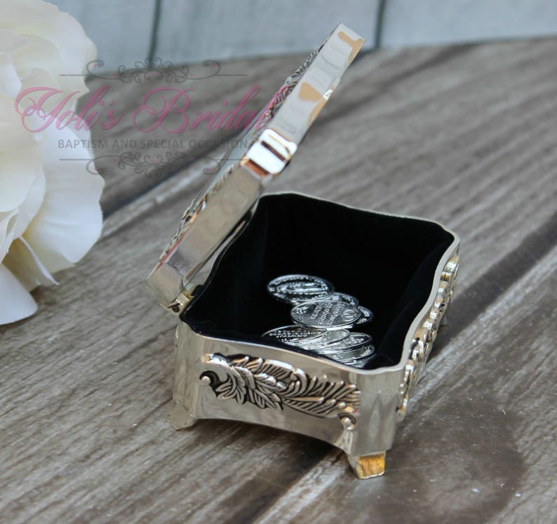 FAST SHIPPING Treasurer Chest Wedding Arras, Arras de Boda, Unity Coins, Silver Wedding Arras, 13 wedding Unity Coins, Ring Box, Jewelry image 5