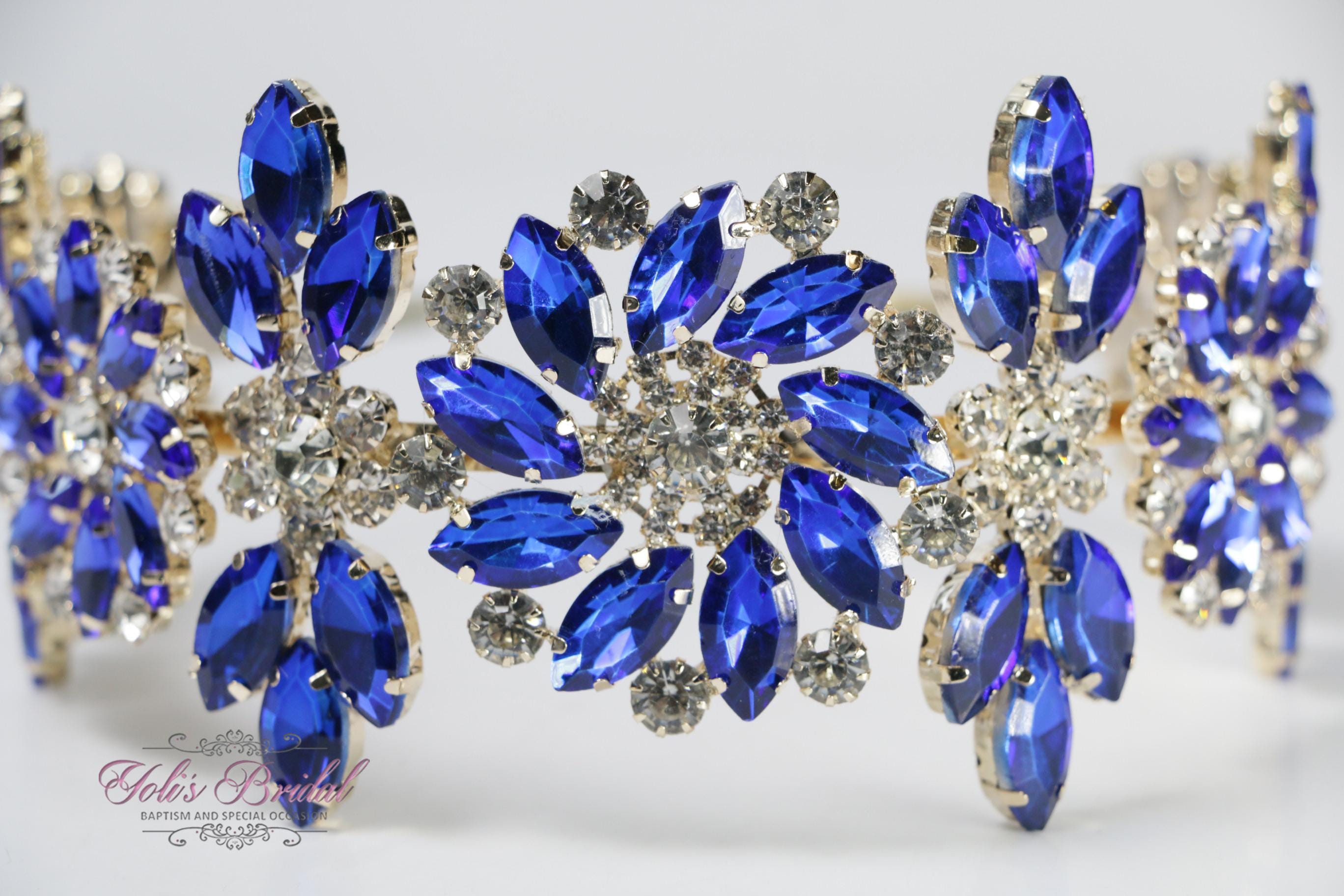 Gold-Tone Headband with Blue Crystal Wheat Motif Blue Gold Headband - Etsy Canada main image 3