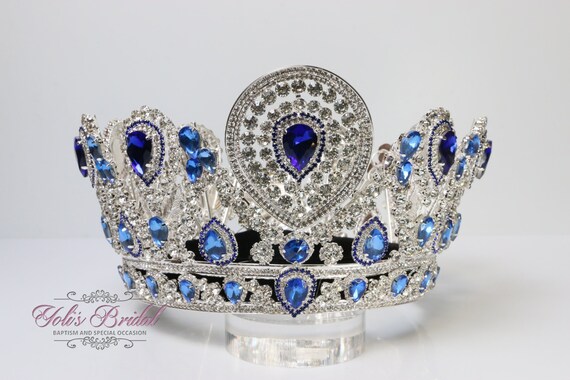 Silver Crystal Tiara with Royal Blue Teardrop Stones Royal Blue Crystal Tiara, Silver Quinceanera Crown, Wedding  main image 3