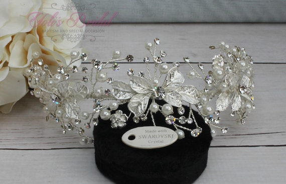 Flexible Silver Bridal Wreath With Swarovski and Fresh Water  display picture 1