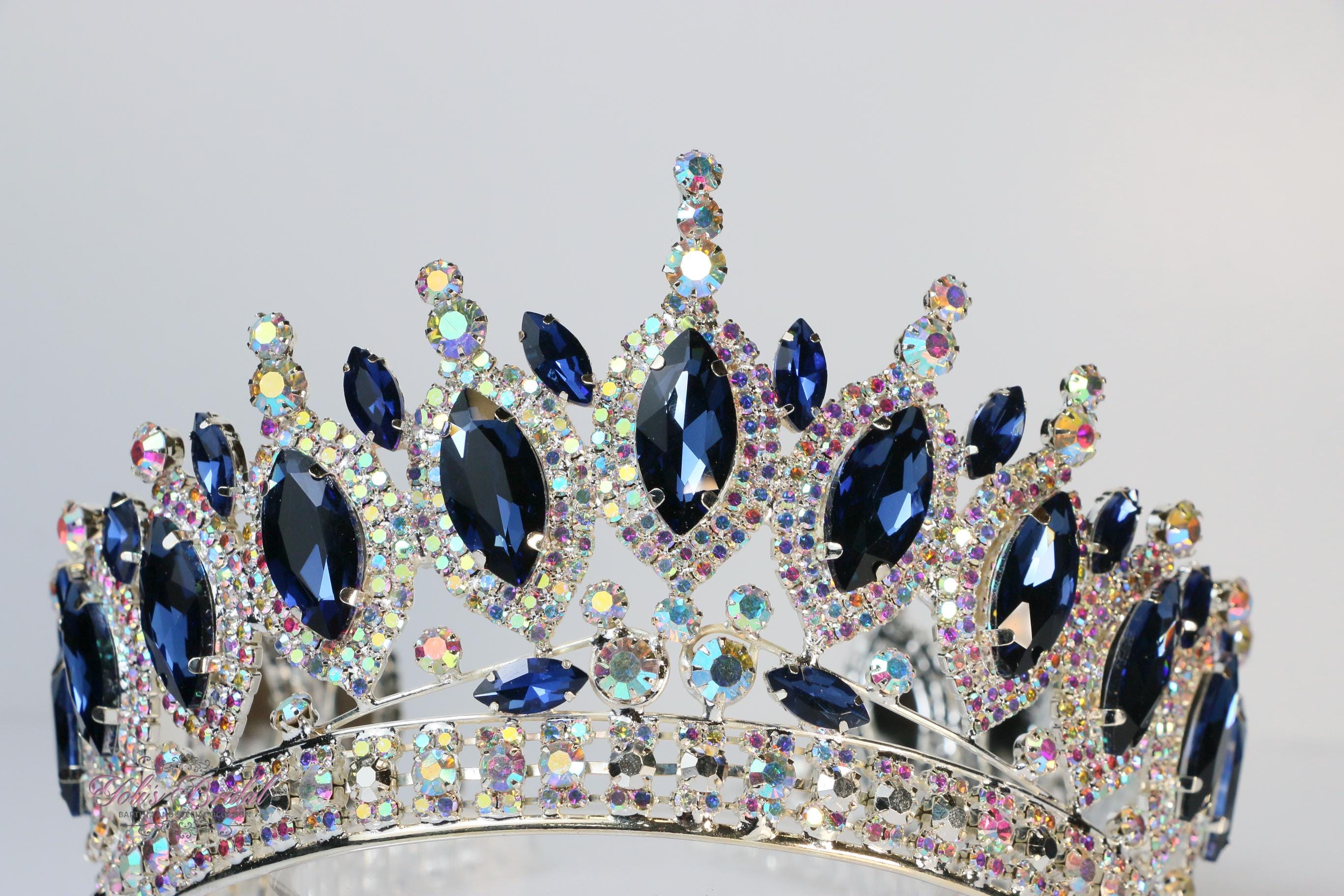 Silver Tiara Crown with Sapphire Blue Crystals - Women Accessories Sapphire Blue CZ Platinum Silver Plated Royal Wedding Tiara main image 2