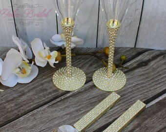 FAST SHIPPING!! Gold Swarovski Crystal Wedding toast Set, Champagne Glasses, Weeding Toasting flutes, Cake Knife and Server Set