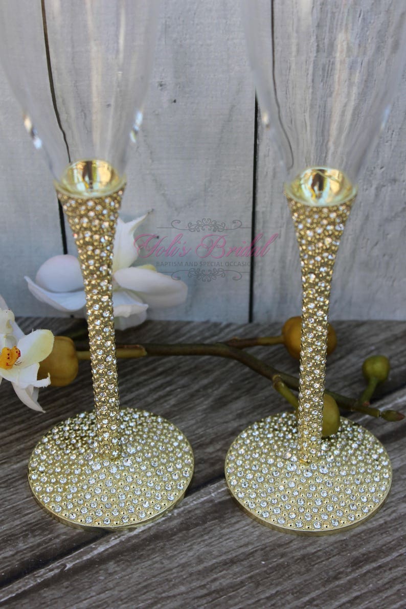 FAST SHIPPING Gold Swarovski Crystal Wedding toast Set, Champagne Glasses, Weeding Toasting flutes image 2