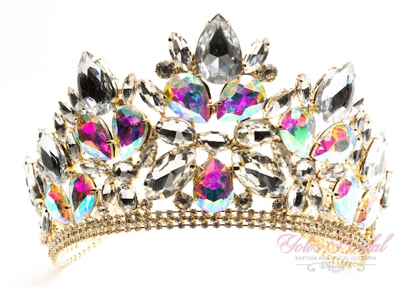 *Stunning AB Crystal Golden Crown* Gold Royal Queen Crown: AB Crystal Rhinestone Wedding  main image 4