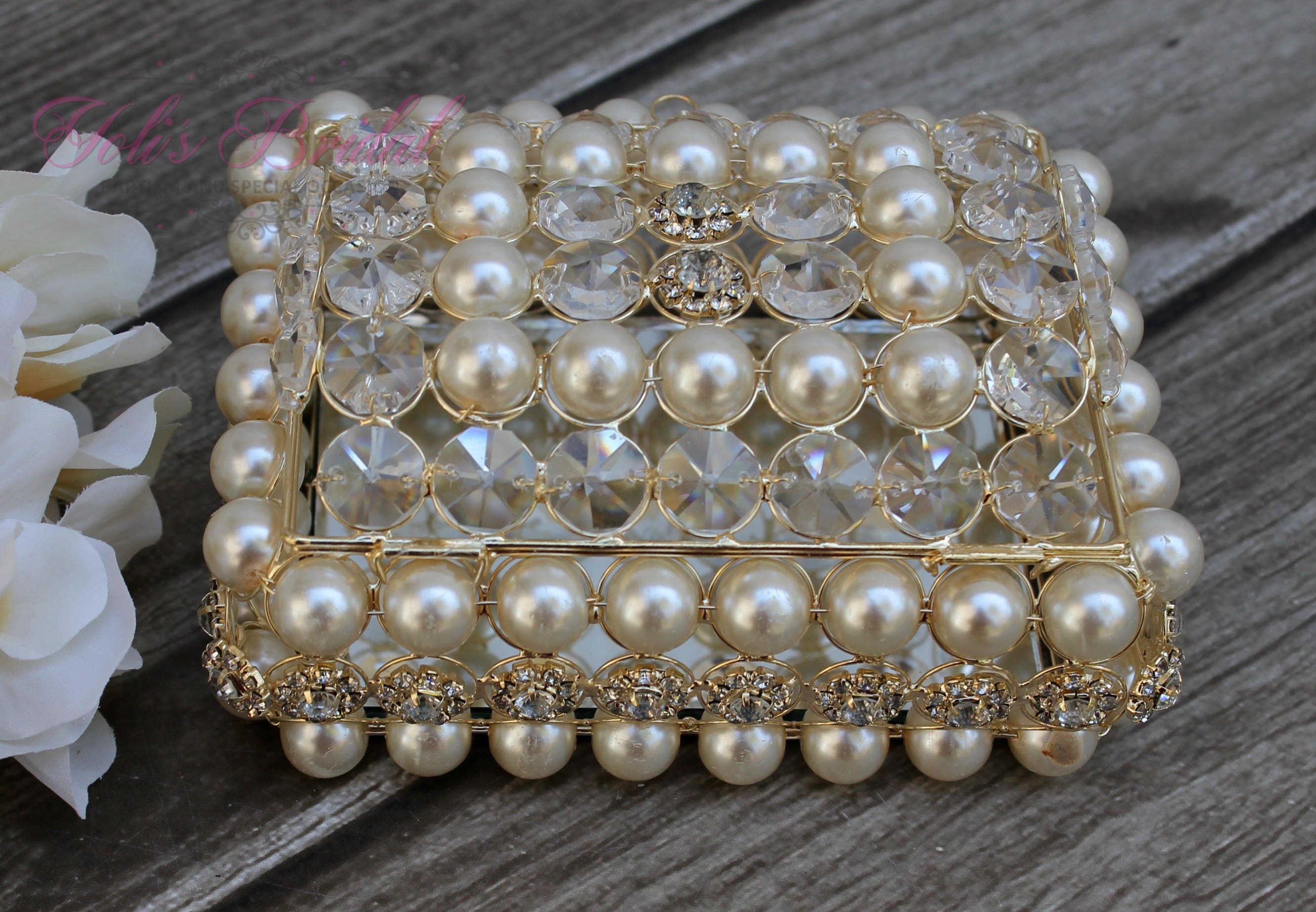 New Beautiful Crystal & Pearl Box, Wedding Lasso Jewelry Arras, Gift, Anniversary Gift