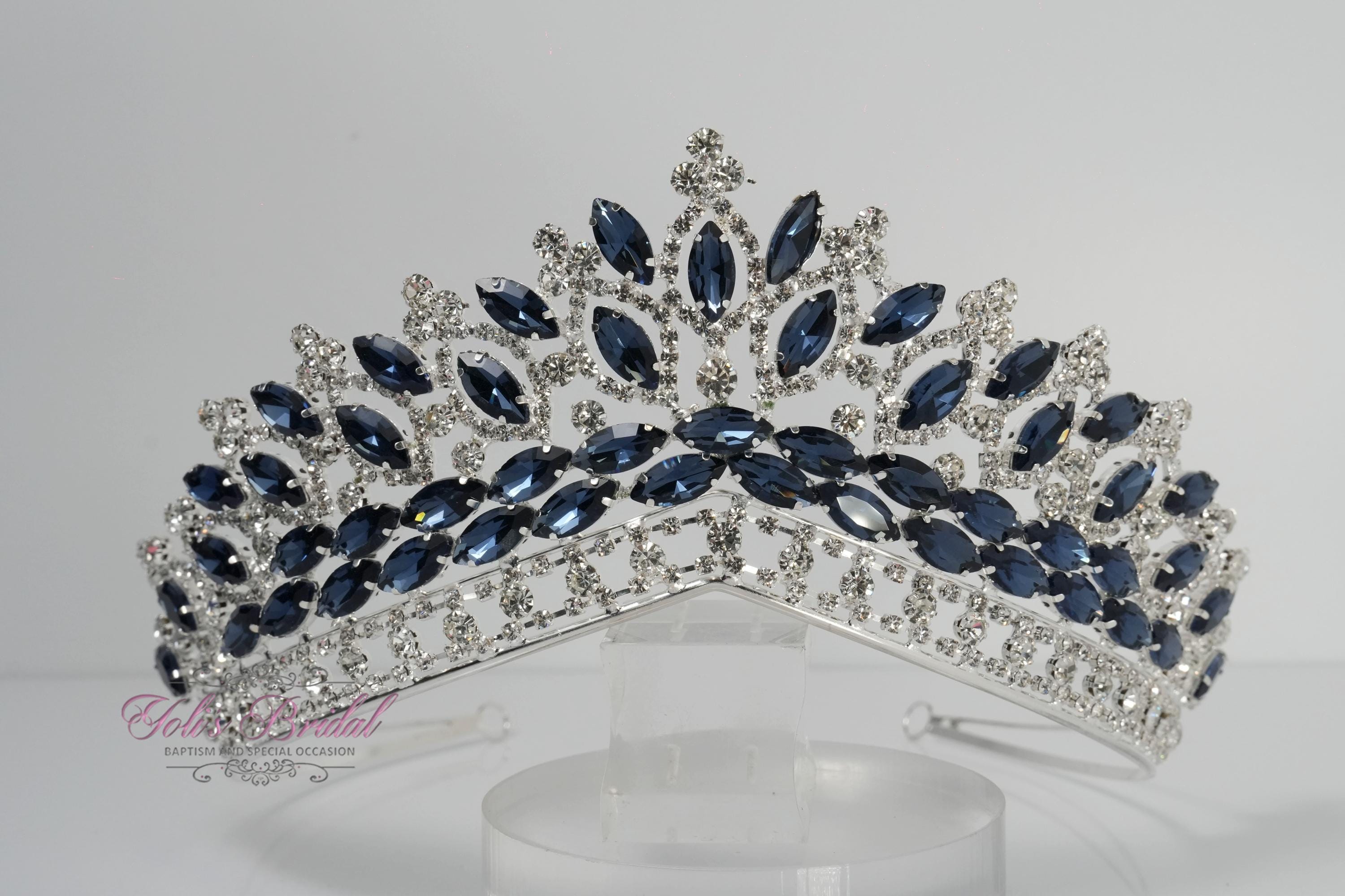 Elegant Navy Blue Crystal Tiara Crown - Women Accessories with bouquet Tiara Blue Flowers - Etsy main image 3