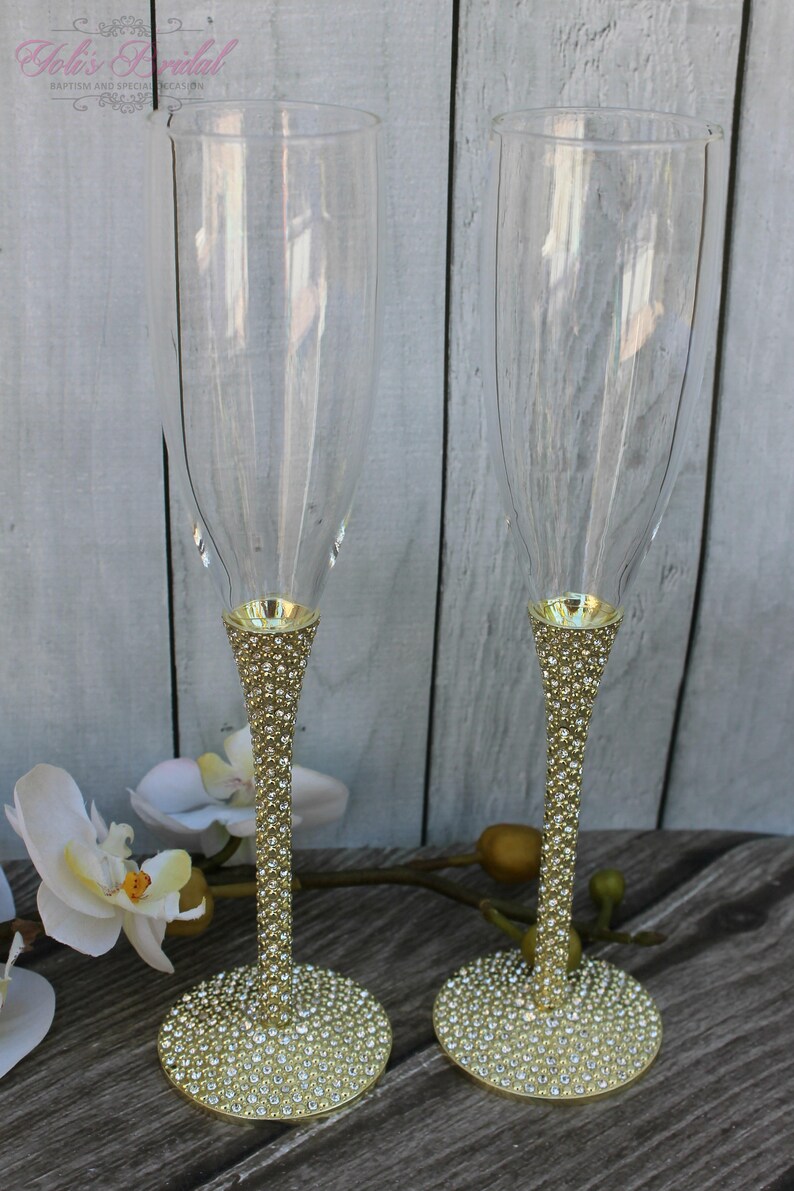 FAST SHIPPING Gold Swarovski Crystal Wedding toast Set, Champagne Glasses, Weeding Toasting flutes image 3