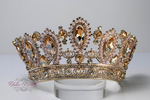 #24 Elegant Gold Tone Tiara with Clear beads. New in packaging! 7.5cm Tall Crystal Beads Gold Tiara Crown Wedding Queen Prom  main image 2