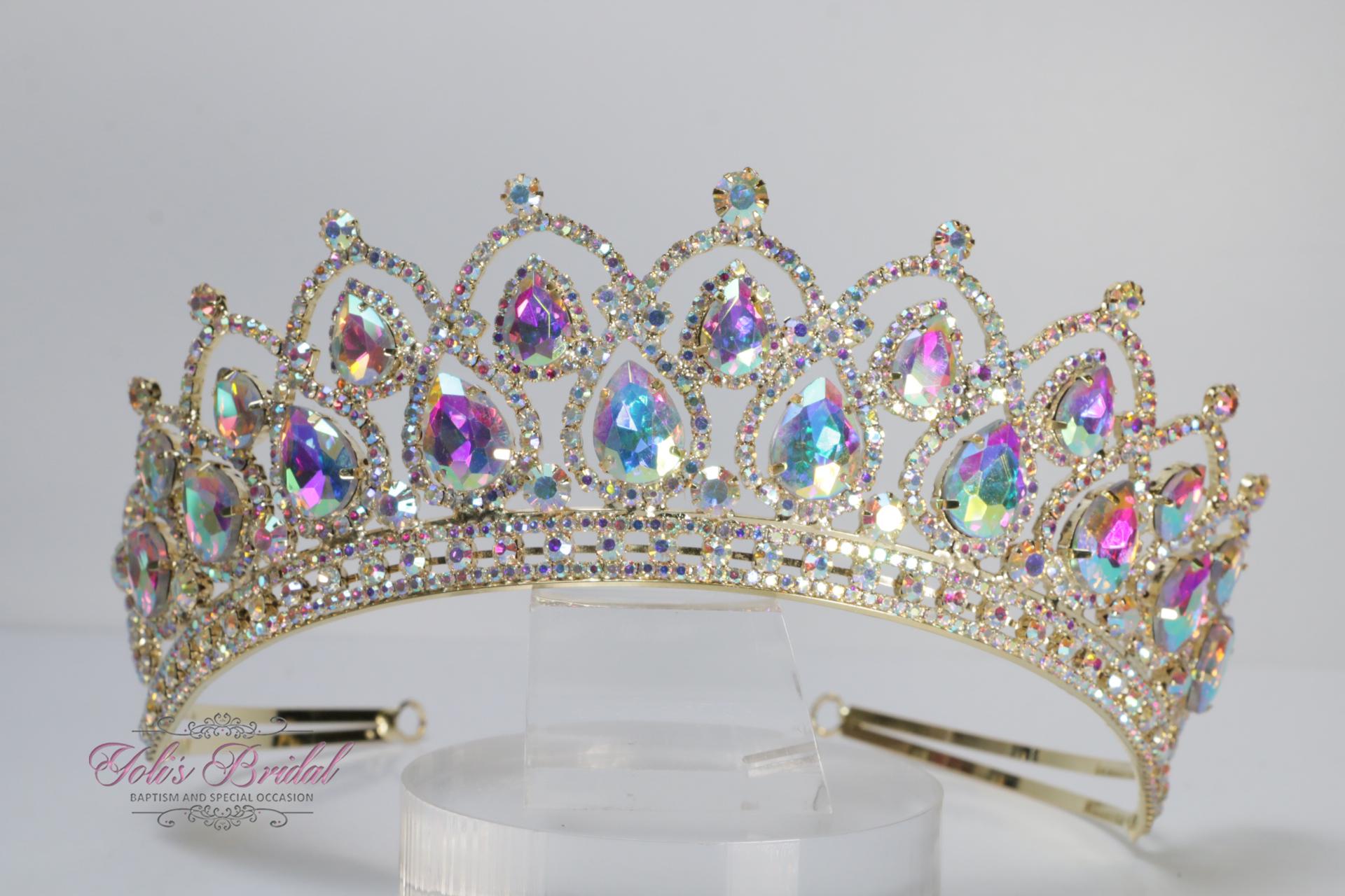 AB Crystal Gold Crystal Tiara Crown - Iridescent Gem  display picture 3