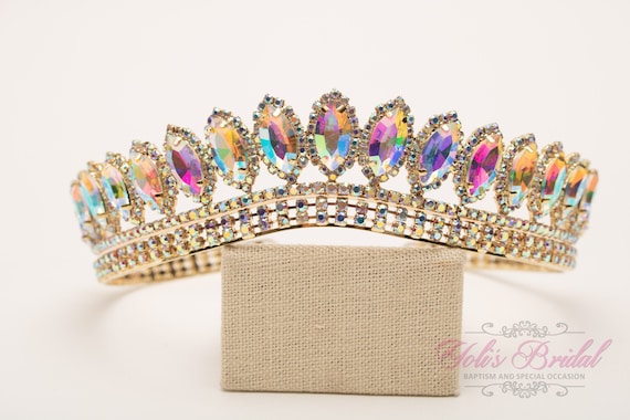 Gold Crystal Tiara Crown with Iridescent Stones Gold Royal Queen Crown: AB Crystal Rhinestone Wedding  main image 3