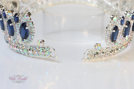 Elegant Silver Toned and Blue Beaded Tiara. New in packaging. Luxury Elegant Blue Crystal Star Moon Bridal Crown Tiaras  main image 2