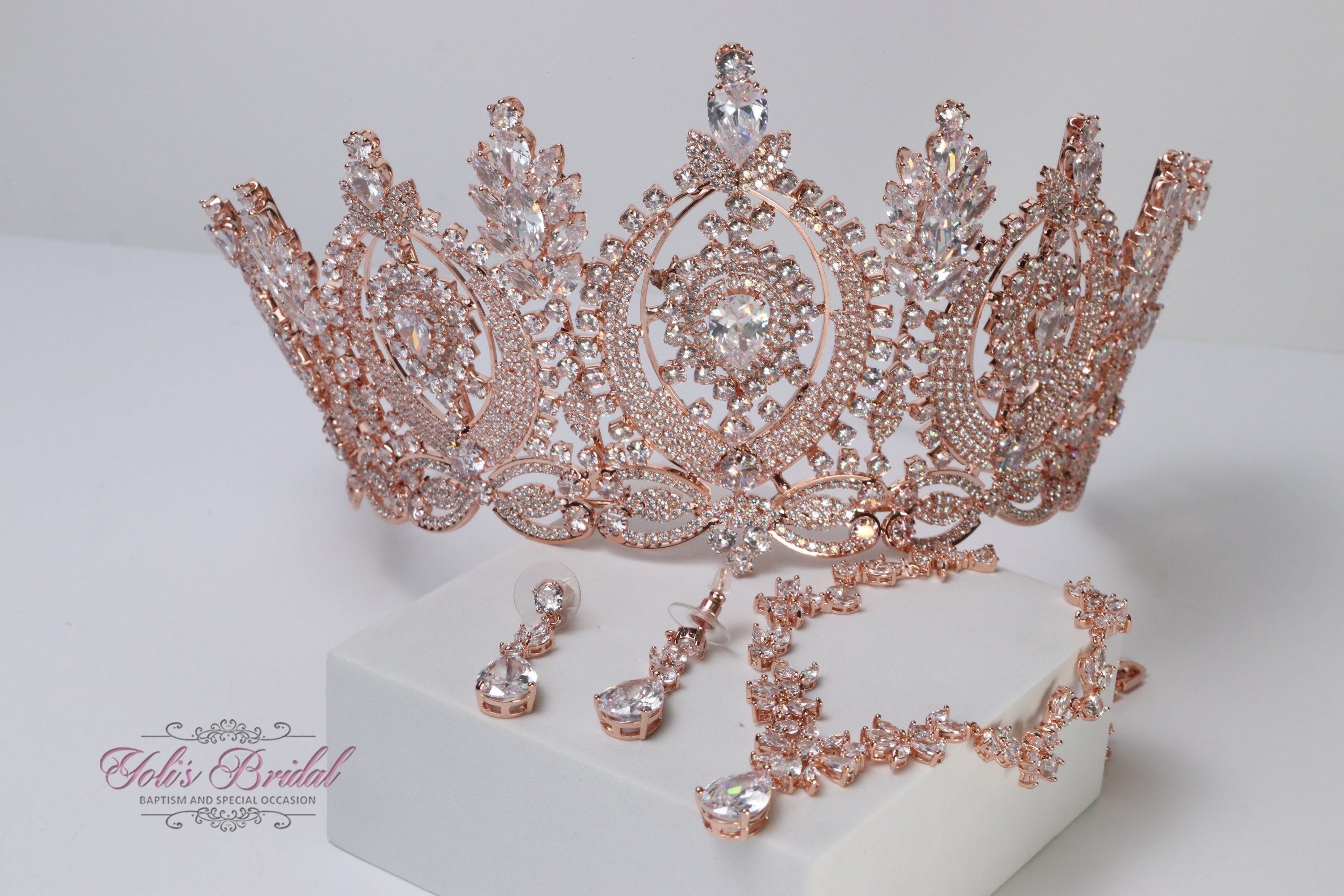 FAST SHIPPING!!! Zirconia Rose Gold Tiara with Jewelry Set, Quinceañera Tiara, Crystal Tiara, Crown Wedding Headpiece, Rose Gold Tiara