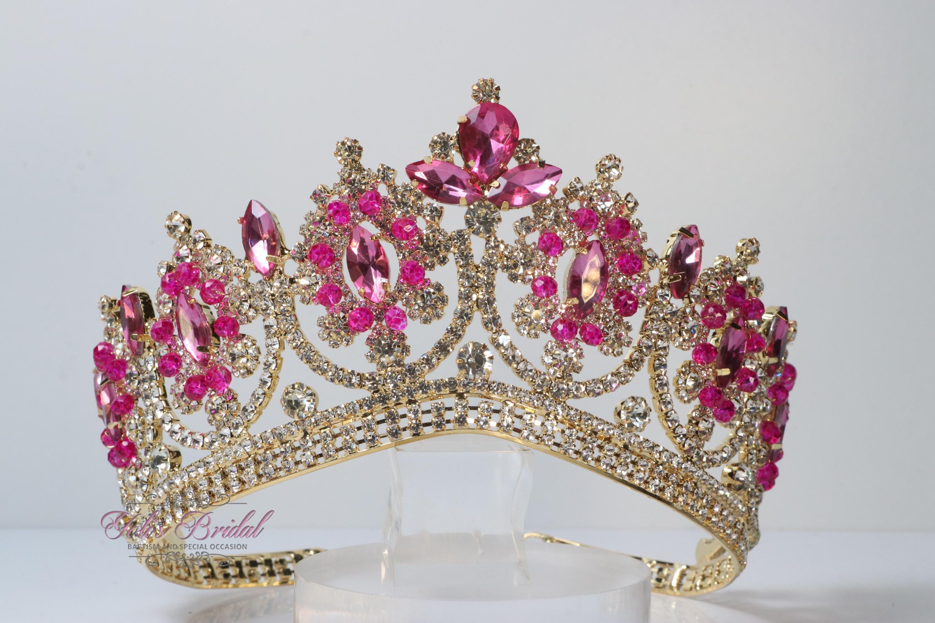 FAST SHIPPING!!! Beautiful Gold Crown With Hot Pink Stones  display picture 2