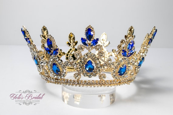 FAST SHIPPING!! Gold Round Crown Adorned W/ Blue Crystals  display picture 3