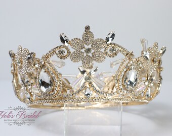 Fast Shipping!! Beautiful Gold Crown with Floral Rhinestones Ornaments, Vintage Crown, Round Crown, Crystal Crown, Princess Crown,