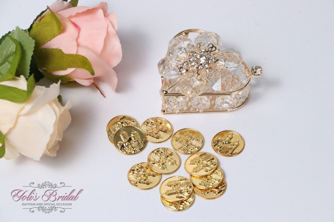 Arras De Boda Doradas - Juego De 13 Monedas Con Luz LED, 3.2x3.2x1.8 Pulgadas