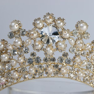 SNELLE VERZENDING!! Gouden bruilofttiara met parels, gouden kristallen bruidstiara, koninginkroon, prinsestiara, quinceañera, sweet 16, hoge tiara