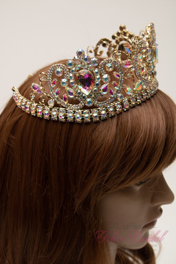 Vintage Gold Tiara with Iridescent Aurora Teardrop Crystals FAST SHIPPING!!! Gold Tiara With Aurora Borealis Stones  main image 3