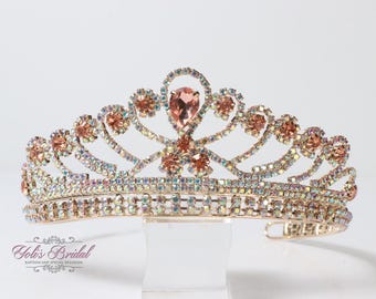 ¡Envío RÁPIDO! Tiara para niña, hermosa tiara dorada con piedras AB y cristales de oro rosa, corona de boda, corona de cristal, fiesta de quinceañera