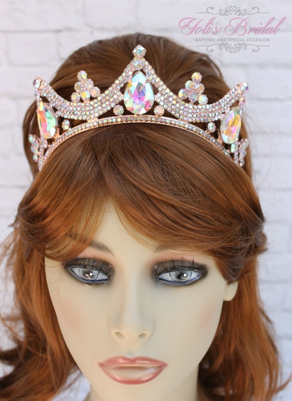 Gold Crystal Teardrop Bridal Tiara - Iridescent Stones Teardrop Stone Accented Crown Tiara – Madeline Love main image 2