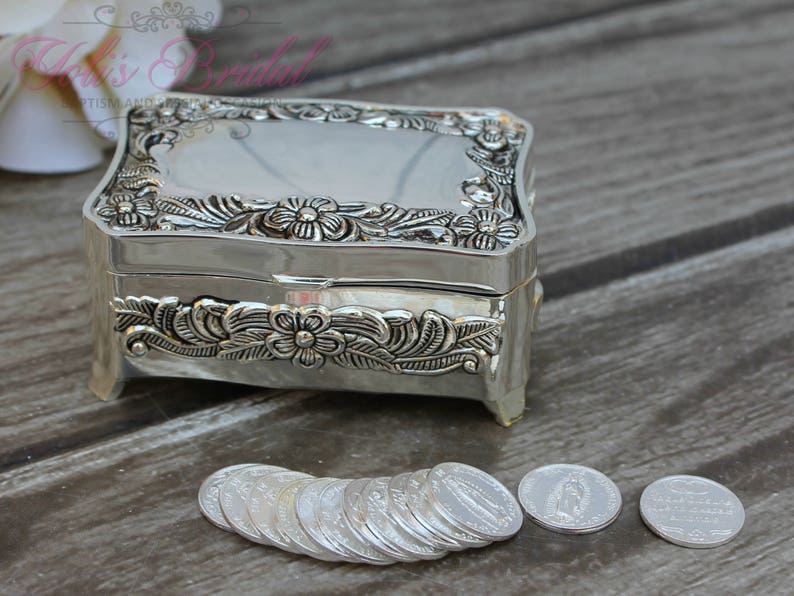 FAST SHIPPING Treasurer Chest Wedding Arras, Arras de Boda, Unity Coins, Silver Wedding Arras, 13 wedding Unity Coins, Ring Box, Jewelry image 1