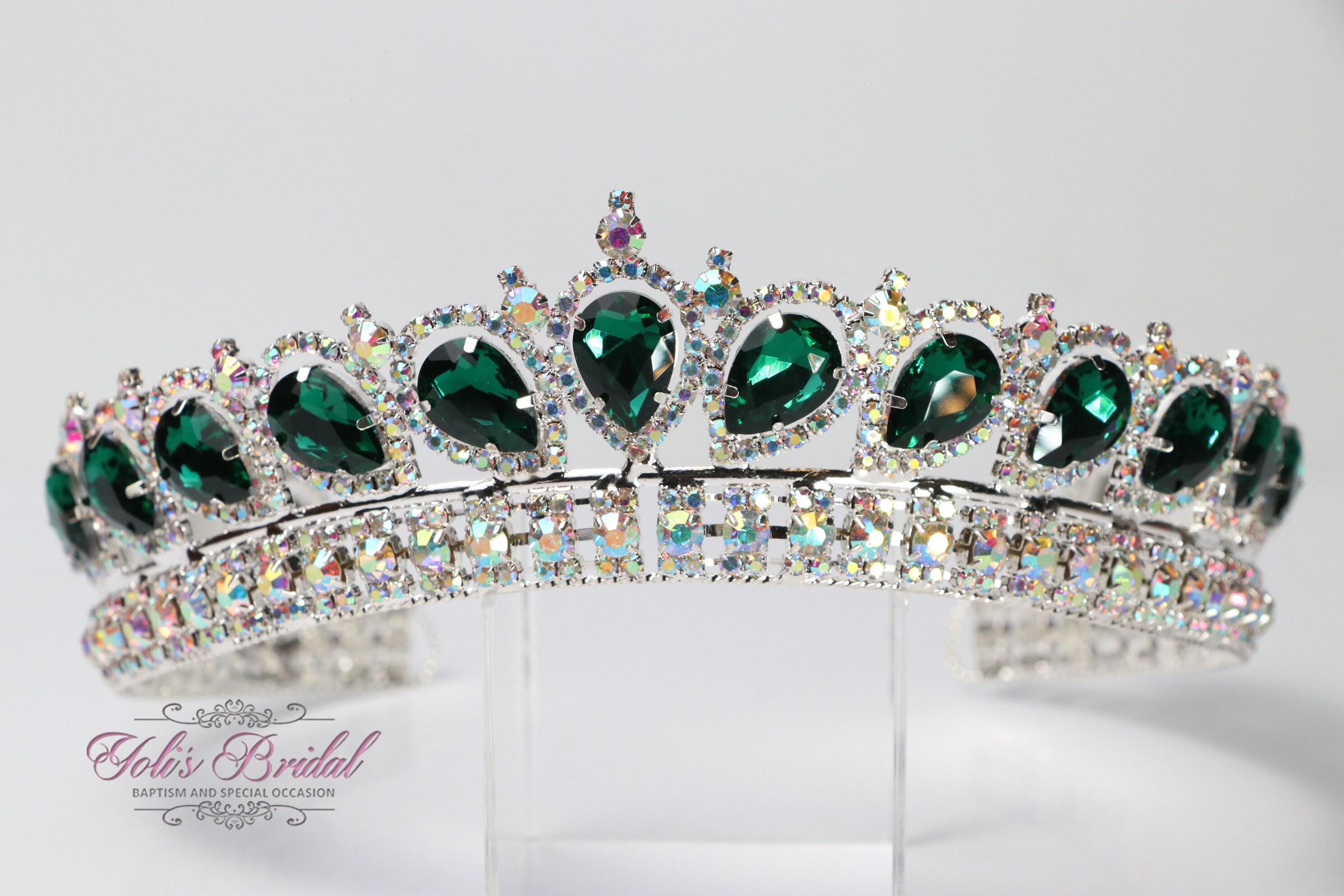 FAST SHIPPING!!! Silver AB W/ Green Stones Tiara, Communion 