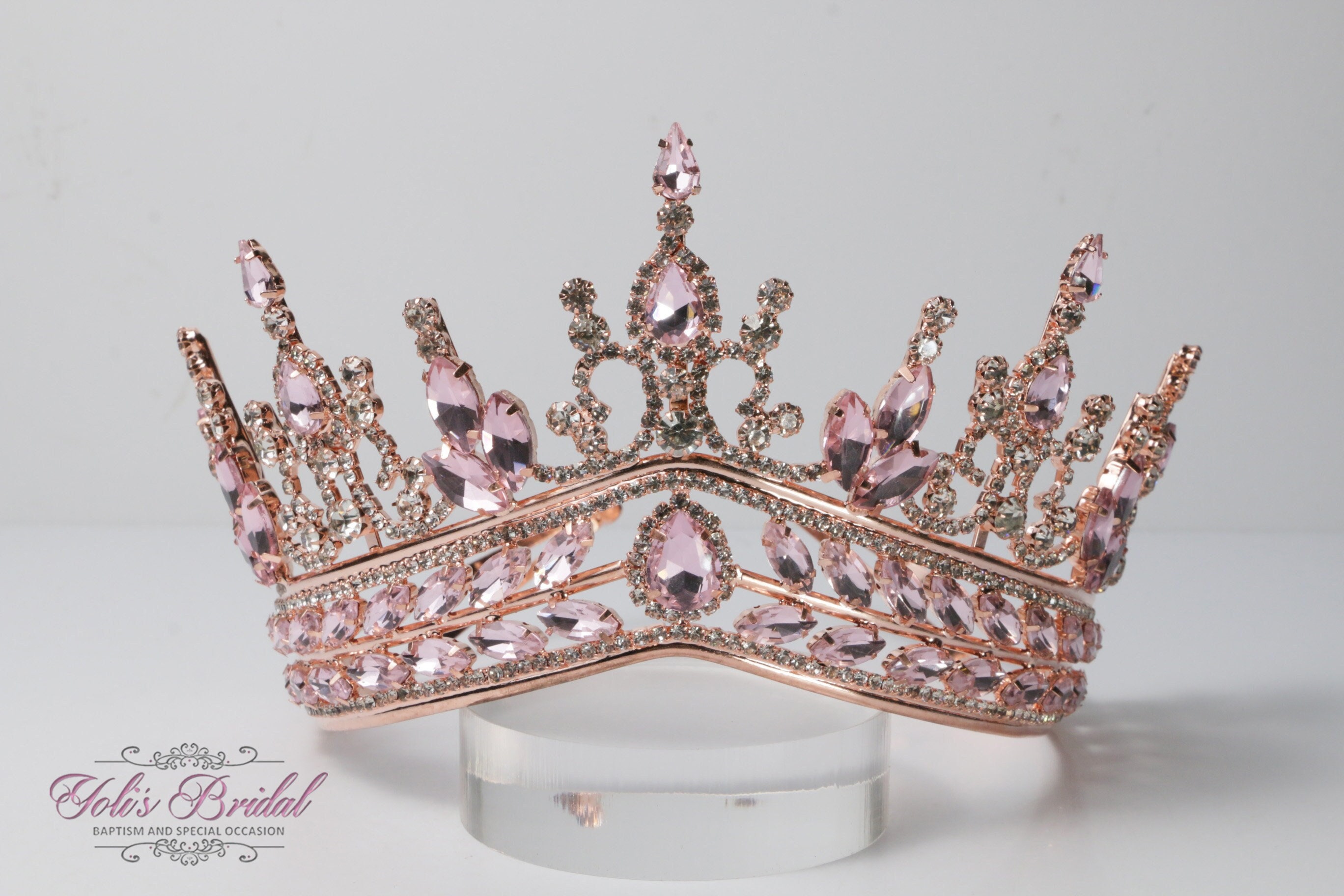 Pink Crystal Tiara Crown - Gold Tone Vofler Rose Gold Tiara Crown with Pink Crystal - Vintage  main image 3