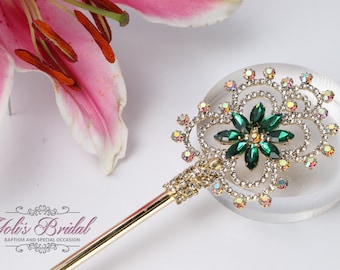 FAST SHIPPING!! Beautiful Gold Scepter with Green Stones, Gorgeous AB Scepter, Sparkle Princess Scepter, Green Scepter, Pageant Scepter