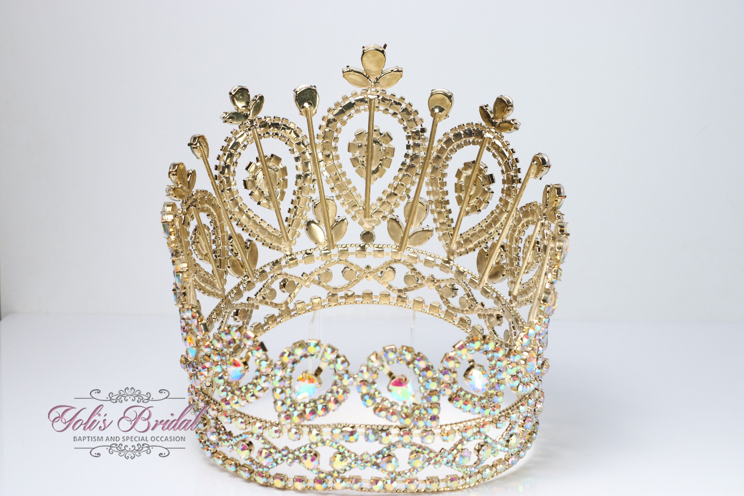 Gold Crystal Teardrop Bridal Tiara with Aurora Borealis Gems FAST SHIPPING!! Gold Aurora Borealis Sparkling Tiara  main image 2