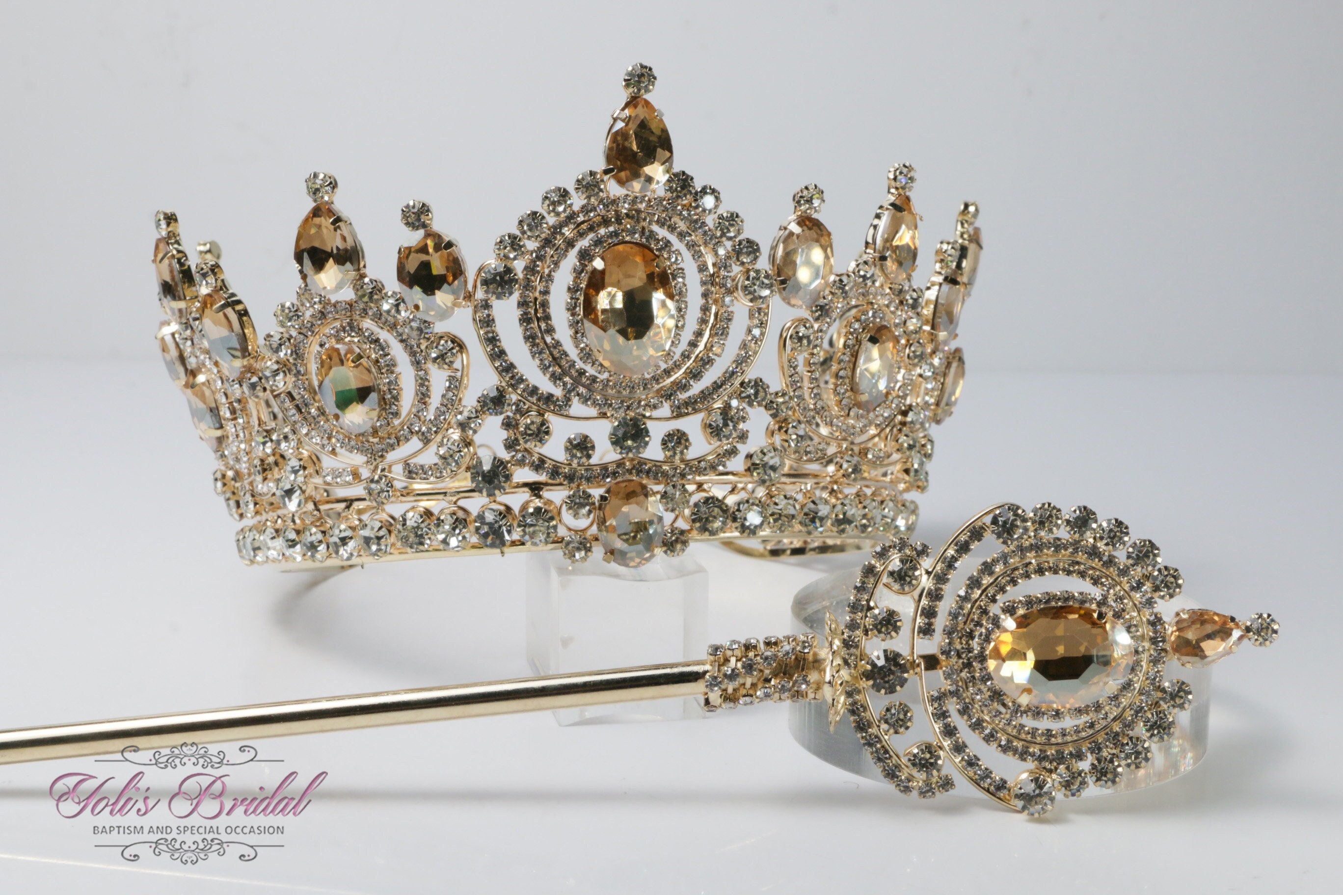 FAST Shipping! Beautiful Gold Tiara with Honey Stones and Scepter, Wedding Crown, Crystal Crown, Quinceañera Tiara, Gold Tiara, Gold Crown