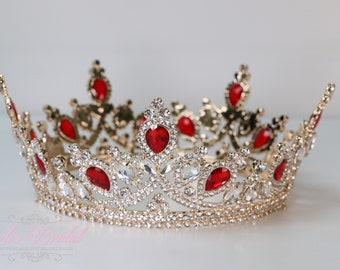 FAST SHIPPING!!! Beautiful Sparkling Gold with Red Stone Full Round Crown, Wedding Crown, Crystal Crown, Sweet 16 Quinceañera