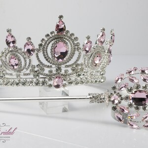 FAST SHIPPING! Silver Tiara adorned with Pink Crystals and Scepter, Pink crystals, Wedding, Sparkle Bridal, Sweet 16, Quinceañera, Bride